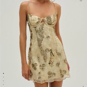 For Love & Lemons Gold Lace Sequin Mini Dress
